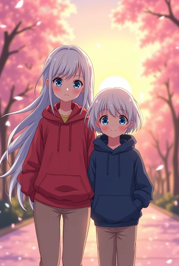 Create an anime version of a girl with long white hair, blue eyes, a red hooded shirt, and beige pants, along with her **-****-*** brother who has white hair, blue eyes, and a midnight blue hooded shirt.  
