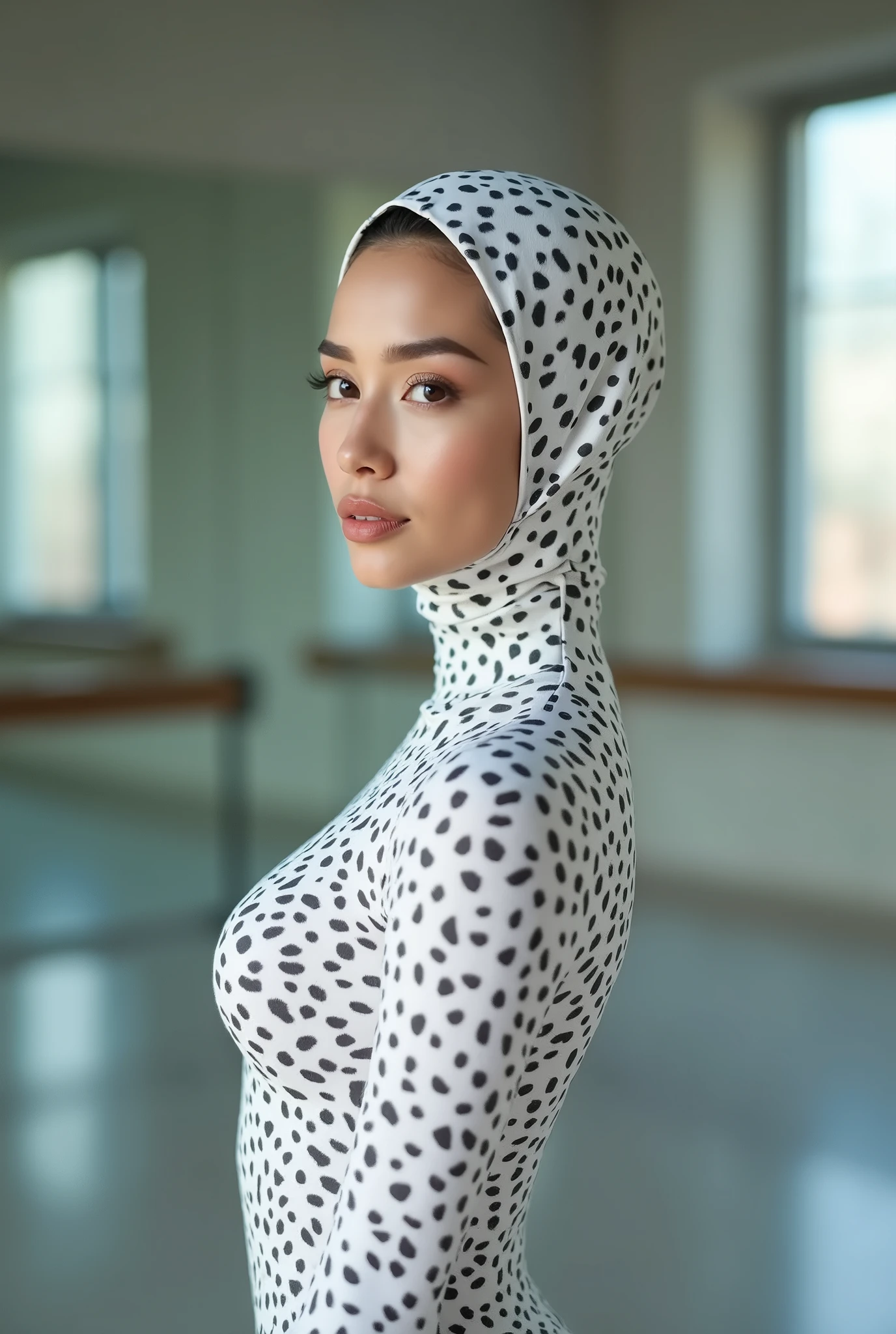 The beautiful Chinese flexible adult girl with beautiful cheeks wears white leopard print full lycra dancewear turtleneck unitard catsuit.She wears white leopard print lycra elastane dancewear hijab-like zentai hood.