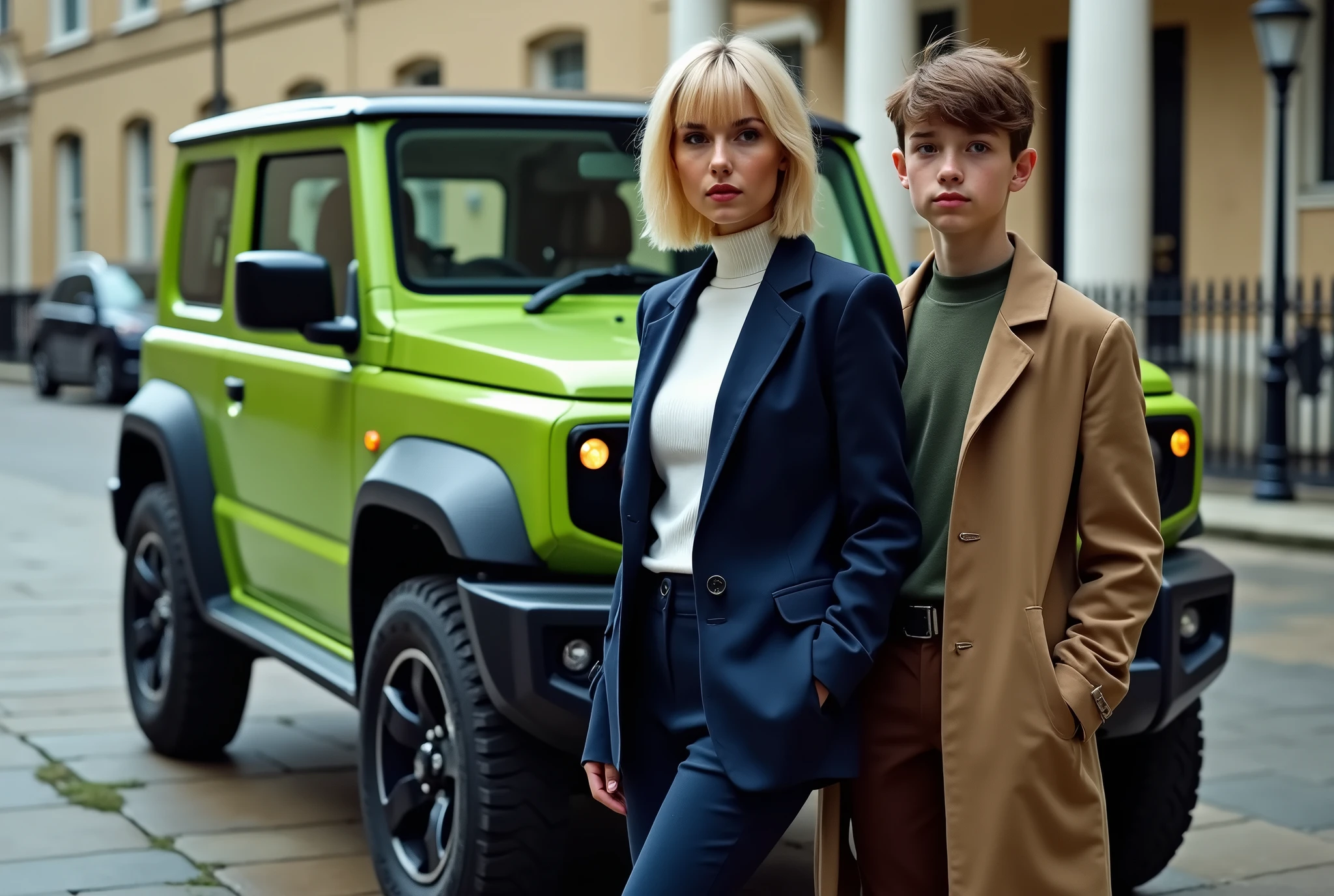 next bond car is a Suzuki Jimny-Sierra Light Green, Environmentally friendly, A commemorative photo with new 007 and bond boy is Posing the car, ((1 woman and 1 boy is existence) ), (1 Scottish woman , 30 age ,gold hair, short cut, wearing Navy Blue blazer jacket, white turtleneck sweater, Navy Blue pants, brown Burberry rain overcoat, brown shoes ),(1 Scottish boy, 18 age, brown hair, short cut, green brazer, brown pants, brown shoes ), front MI 6 building in London , ((super detail, high details, high quality, accurate, anatomically correct, textured skin, beautiful fingers super detail, high details, high quality, best quality))
