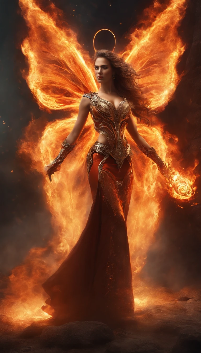 an image of a lady with fire coming out of her body, the butterfly goddess of fire, appears as the fire goddess, fire elemental, lava and fire goddess, evil steampunk pyromancer woman, cybernetic flame armor, goddess of fire, the fire goddess, an concept art of the tau queen, the fire queen, of a beautiful female warframe