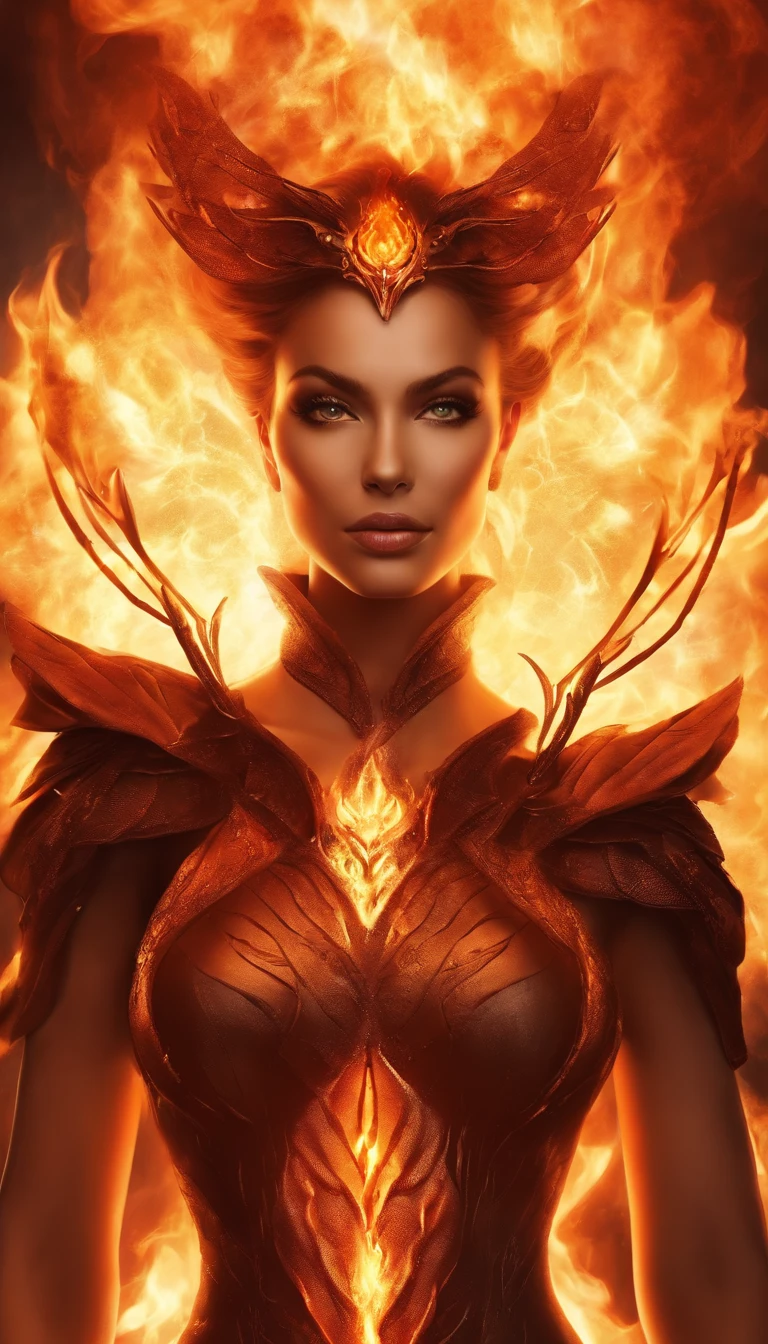 an image of a lady with fire coming out of her body, the butterfly goddess of fire, appears as the fire goddess, fire elemental, lava and fire goddess, evil steampunk pyromancer woman, cybernetic flame armor, goddess of fire, the fire goddess, an concept art of the tau queen, the fire queen, of a beautiful female warframe