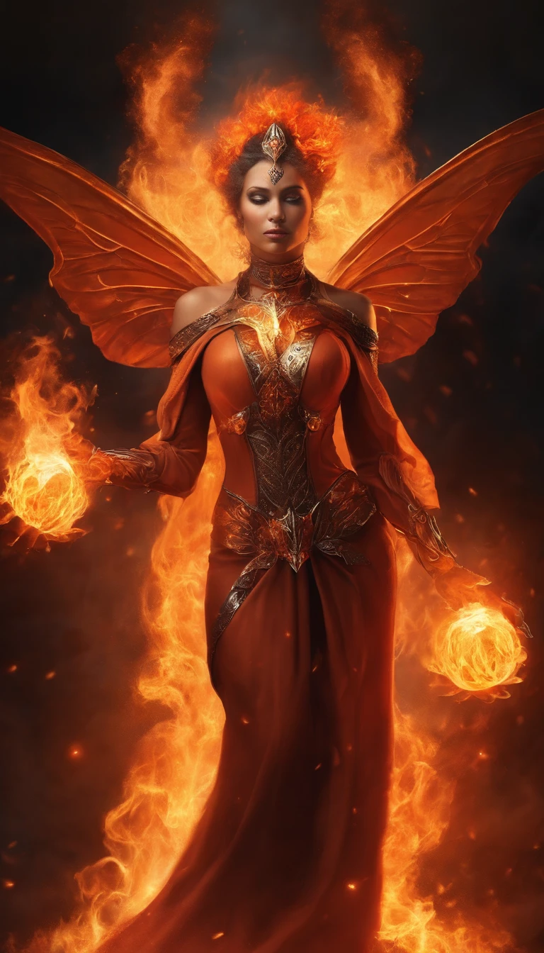 an image of a lady with fire coming out of her body, the butterfly goddess of fire, appears as the fire goddess, fire elemental, lava and fire goddess, evil steampunk pyromancer woman, cybernetic flame armor, goddess of fire, the fire goddess, an concept art of the tau queen, the fire queen, of a beautiful female warframe