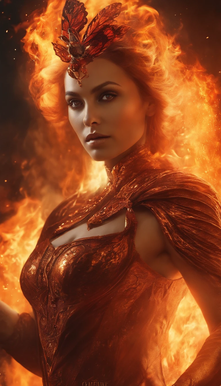 an image of a lady with fire coming out of her body, the butterfly goddess of fire, appears as the fire goddess, fire elemental, lava and fire goddess, evil steampunk pyromancer woman, cybernetic flame armor, goddess of fire, the fire goddess, an concept art of the tau queen, the fire queen, of a beautiful female warframe