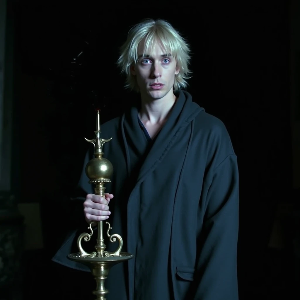 Draco Malfoy is on the ghost stairs., desperation, wild hair, black robe, high détail ((soft skin, blue colored eyes, blonde shaggy hair))) holding a candelabra