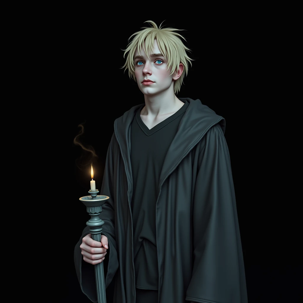 Draco Malfoy is on the ghost stairs., desperation, wild hair, black robe, high détail ((soft skin, blue colored eyes, blonde shaggy hair))) holding a candelabra 