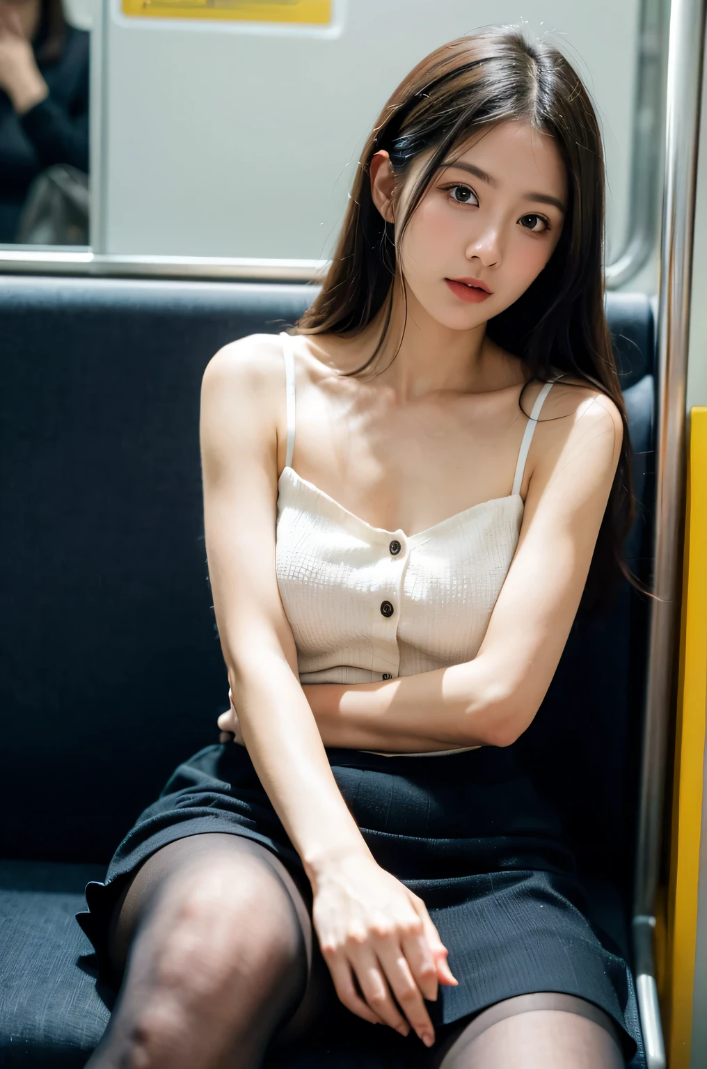 (masterpiece, Highest quality, 8k, RAW Photos, beautifully、aesthetic:1.2), Intricate details, indirect lighting, Realistic,
whole body, Sitting on a chair on the train、Staring at the viewers、Voyeur、
Square neck button-down linen sundress, (Ultra-realistic pantyhose)、
Training women , Chair to sit under skirt,Ultra mini skirt、Gaze,カウボーイショット, ショートボブヘア、