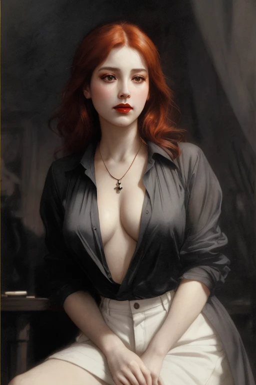 Taki, sitting on a table , (heavy eyeshadow, red lips), slender, White open shirt, no bra, pendant, fantasy art, concept art, delicate features, feminine, auburn hair, seductive, Chiaroscuro lighting, (style of howard chandler christy:1.0), (charcoal sketch by jean-joseph benjamin-constant:1.3)