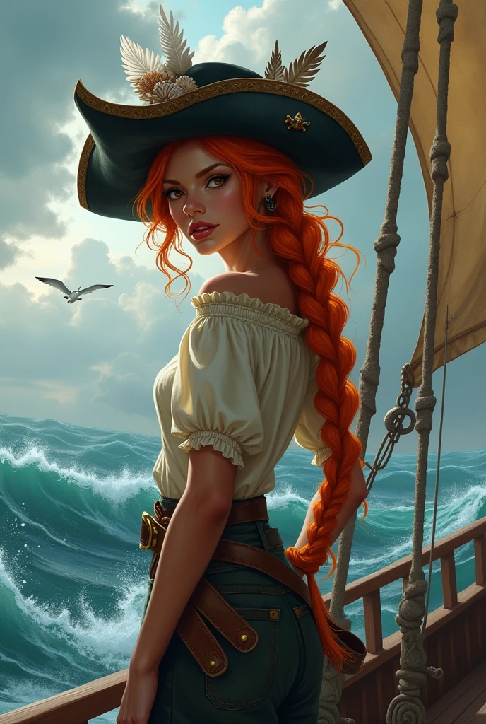 A tall girl with brown skin and orange hair in a long braid, His eyes are a little slanted, she is a pirate 