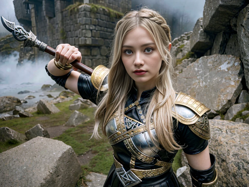 "Create a full-length image of Valkyrie, a mythical warrior woman from Norse mythology. She should have a Scandinavian appearance with blue eyes and white hair. Valkyrie is dressed in golden armor decorated with Scandinavian patterns. She stands on a large rock, surrounded by fog and shimmering lights. Her face expresses determination and strength, and her gaze is directed into the distance. The face should be depicted with clear sharpness.
In her right hand, she holds a shield with an image of a trident, a symbol of Ukraine, raised at chest level. The detailing of the fingers on her hands should be clearly visible. Her left arm is raised high, holding a Viking sword above her head, parallel to the ground. The sword has a long, double-edged blade decorated with runes and Scandinavian patterns. The sword's hilt is wrapped in leather for a better grip, and the pommel is decorated with precious stones. Valkyrie holds the sword correctly, with a confident grip: her fingers clasp the handle, the thumb rests on the handle from above for additional stability, the index and middle fingers tightly grasp the handle, the ring finger and little finger also participate in the grip, providing a secure hold.
The Valkyrie stands in a fighting pose, ready for battle. She is wearing a short skirt in the Ukrainian folk style, decorated with embroidery and Scandinavian patterns. On her feet, the Valkyrie wears short leather boots, decorated with metal overlays and Scandinavian patterns, which are fully visible and emphasize her warlike image.
Slain warriors lie around the Valkyrie's body, emphasizing her power and invincibility. Use cold, winter tones and add elements of Scandinavian patterns on her armor and weapons."
