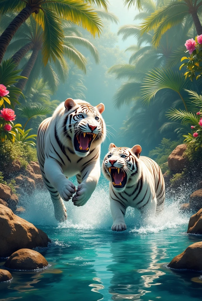 full lenght a full-body picture of two white tigers, large and imposing, magnificent, beautiful, with sea-blue eyes, playing and jumping at each other in a small pool of water until the water splashes, in a tropical forest, a refreshing atmosphere, amidst the beauty of a small field of colorful flowers around a clean, beautiful pool of water, glowing and shimmering light, 3D picture, oil painting, sharp picture, art picture of Professor Chalermchai