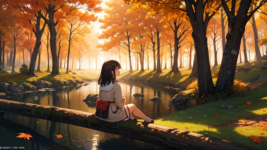 A Studio Ghibli-inspired scene featuring a girl listening to music in an autumn forest. The setting is during sunset, with the soft, warm light casting an orange glow on the trees. Fallen leaves rustle gently on the ground as they are moved by a light breeze, creating a serene and peaceful atmosphere. The girl, absorbed in her music, sits comfortably beneath the trees, surrounded by the vibrant colors of autumn. The scene is captured in high resolution with a 16:9 aspect ratio.