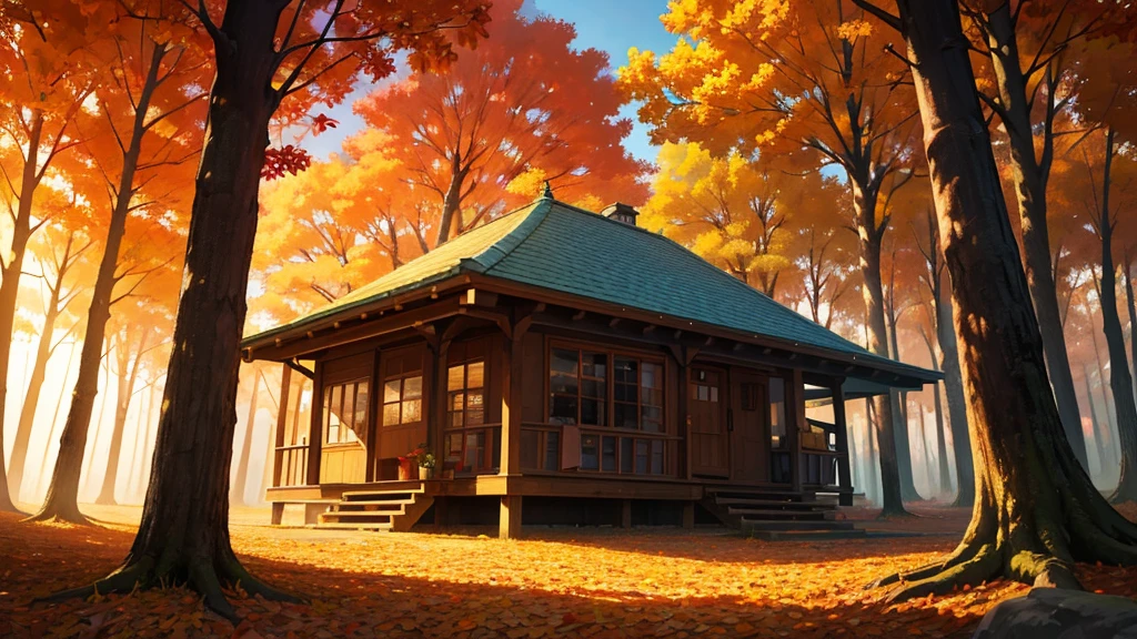 A Studio Ghibli-inspired scene featuring a girl listening to music in an autumn forest. The setting is during sunset, with the soft, warm light casting an orange glow on the trees. Fallen leaves rustle gently on the ground as they are moved by a light breeze, creating a serene and peaceful atmosphere. The girl, absorbed in her music, sits comfortably beneath the trees, surrounded by the vibrant colors of autumn. The scene is captured in high resolution with a 16:9 aspect ratio.