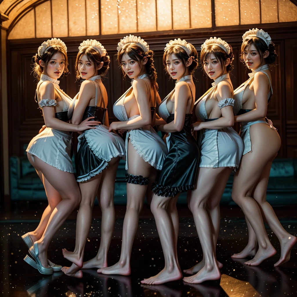 (Full Body of Extremely Detailed((Sexy Maid Group in a row:1.37))), KAWAII perfect face, Reflective Eyes, Detailed(Delicate Clothing textures), Correct long Leg Line, Dynamic Joyful Expressions LifeLike Rendering, Specular Reflection, TopQuality 8K Ultra-detailed masterpiece (ProfessionalPhoto:1.37), (Acutance:0.8), (Luminism:1.28), Renaissance art style, (Colorful Light particles), ((Full body from side)), {(Kissing Face to Face)|Roundly Cute AssFocus|(NakedApron with Overflowing SideBoob)}, Radiant Fine Skin with Transparency, (Exposed:0.4), Different types of hair color, Perfect Lighting