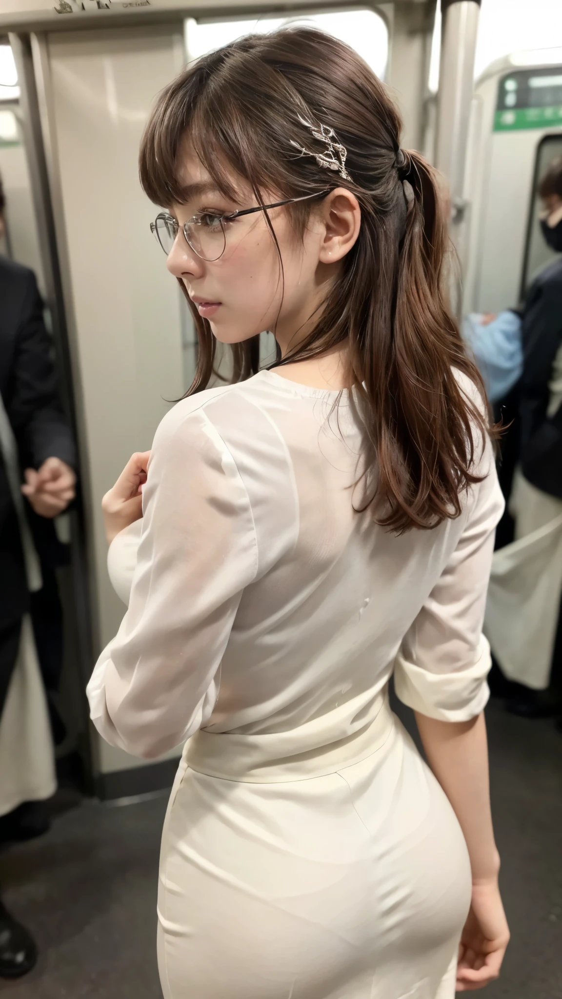 (A woman standing on the Yamanote Line:1.5、Woman looking back)、(Realistic、Like a photograph、Live Action、8k, Realistic, RAW Photos, Best image quality: 1.4), Single-lens reflex camera、RAW Photos, Highest quality, Realistic, Highly detailed CG Unity 8k wallpaper, Written boundary depth, Cinematic Light, Lens flare, Ray Tracing, Realistic background、((Ultra-dense skin))、 23-year-old woman、Cute Japan OL、(whole body:1.5)、(White blouse、mermaidskirt:1.5、longskirt:1.2)、Wear glasses、Large Breasts)、Very detailedな顔，(avert your eyes:1.5)、(Long Hair:1.2、I like that style、stylish、Very detailed、Pay attention to the details、Perfect outfit、(Sunburned skin)、Front view、Accurate hands、Accurate legs、Detailed hands and fingers、Anatomically correct body、Thin legs、Thin thighs、Large Breasts、Very detailedな顔、(View from the behind、View from behind)