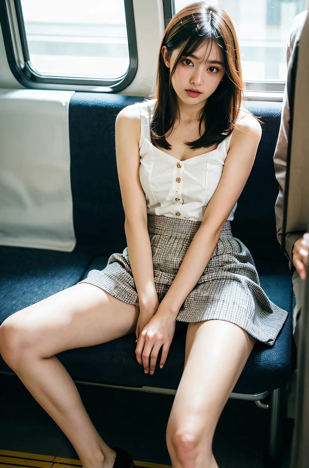 raw photo, side view, inside train, sitting, pale skin, delicate face, short hair, freckles, skinny body, casual street wear, crossed legs, best quality, 16k, masterpiece