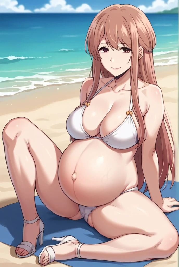 score_9, score_8_up, score_7_up, source_anime,
akaneminagawa, akane minagawa, long hair, bangs, brown hair, brown eyes, Big breasts,
Bikini, panties, Heels, big belly, large belly, Beach, background, rubing belly, smile,
looking at viewer, cowboy shot, solo, pregnant, possing, Sitting
