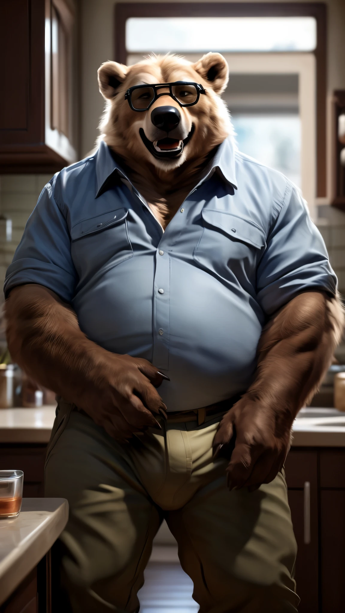 Grizzly Bear, Male, Solo, blue button up, tight khaki trousers, thick thighs, laughing, big paws, bright sunlight, tight bulge, claws, aviator eye glasses, kitchen background, wide body, looking at viewer, fat, chubby, tired eyes, grandpa, grey muzzle, grey eyebrows, (Photorealistic, Realistic shadows, depth of field, Wide Dynamic Field, Full Body view), (by null-ghost, by Chunie, by darkgem)