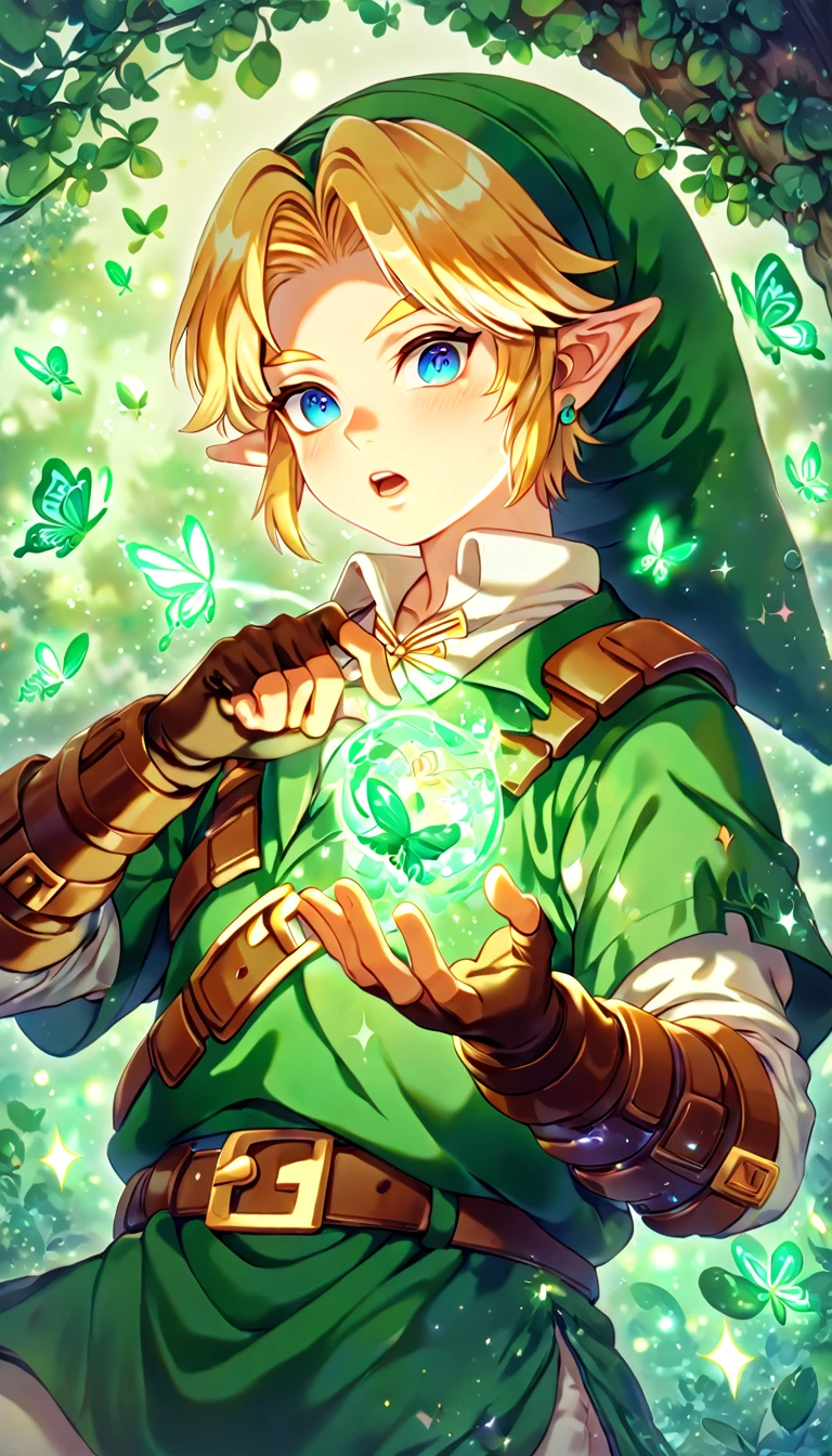 absurdres, highres, ultra detailed, HDR, master piece, best quality, extremely detailed, Link, blonde hair, expressive blue eyes, The Legend Of Zelda Ocarina Of Time, solo, sexy man, sensual, handsome, green tunic, green hat, brown gauntlets, under a green tree, fantasy, magical, glittering fireflies, green butterflies, green flames, glass magic, green leaves