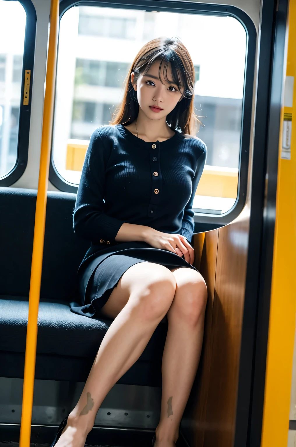 (masterpiece, Highest quality, 8K, RAW Photos, beautifully、aesthetic:1.2),  Intricate details, indirect lighting, Realistic,
whole body, Sitting on a chair on the train、Staring at the viewers、Voyeur、
 Square neck button-down linen sundress, (Ultra-realistic pantyhose)、
 Training women , Chair to sit under skirt,