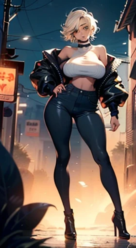 (blank background), (((full body framing))), standing, (masterpiece), (best quality), huge girl, (muscular girl:0.8), (thin hair:1.7), (long blue jeans), massive breast, Mohawk hairstyle:1.4, sport bra, purple hair, dark skin, belt under navel, blunt bangs, sneakers, (long legs:1.6), big cleavage, cute:1.8, adorable:1.8, 15 years old, leather jacket,, cyberpunk girl, ear piercings, earrings, tatoo, (very curvy:1.6), (from behind), 1girl, solo