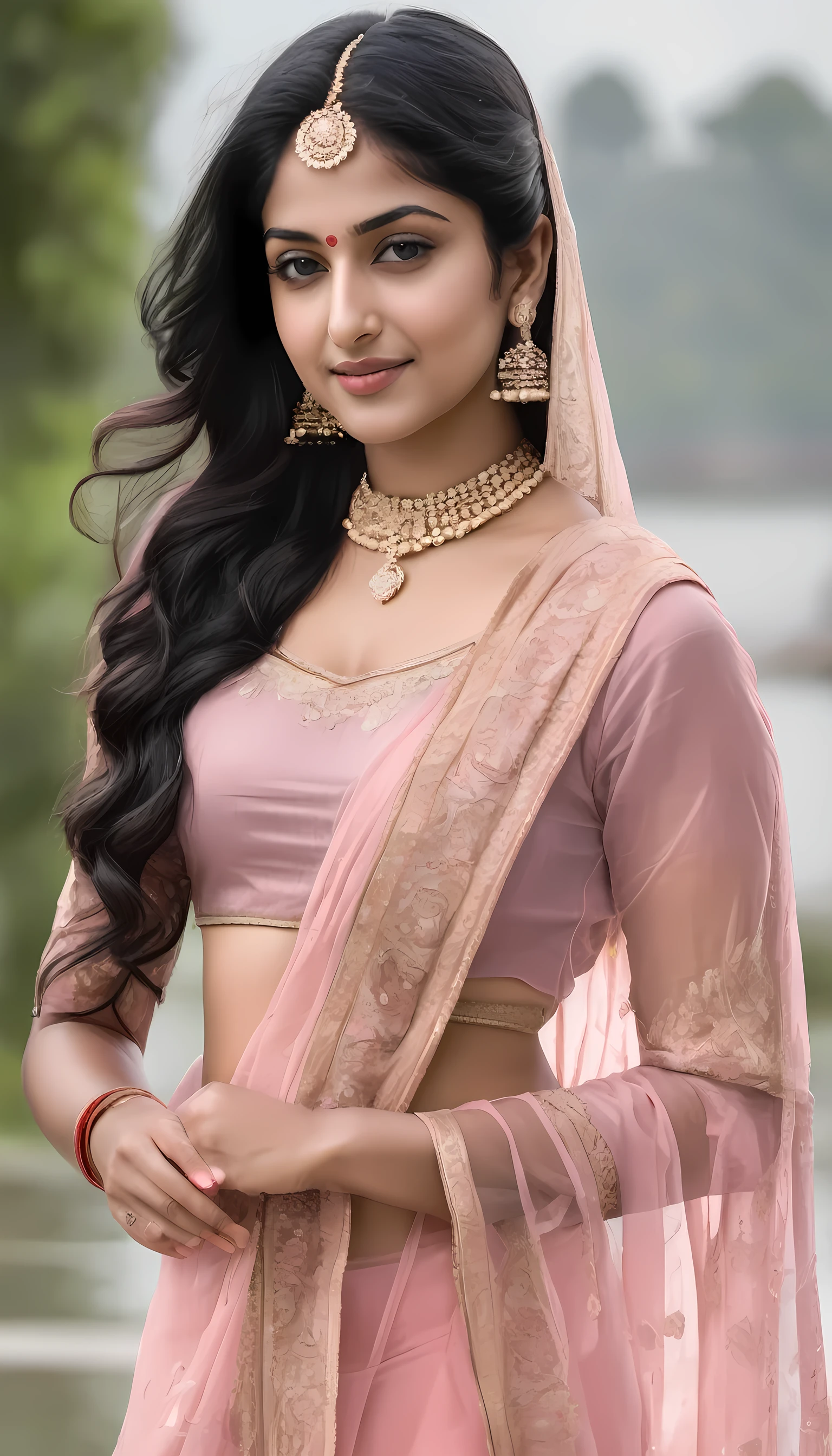 A 25-year-old beautiful Indian woman with an elegant and refined face, expressive eyes, and long, flowing black hair, featuring a gentle smile.A medium build with a slightly curvy figure, a well-defined but soft and feminine silhouette, with noticeable waist and hip curves. The body is not overly muscular, maintaining a natural and balanced shape. She is standing in a simple, relaxed pose with her arms resting naturally at her sides. Wearing transparent strap and dupatta pvc clothes natural glowing pink, rich clothes,he exudes elegance and natural beauty. The background is plain to keep the focus on her.
Same face for previous image