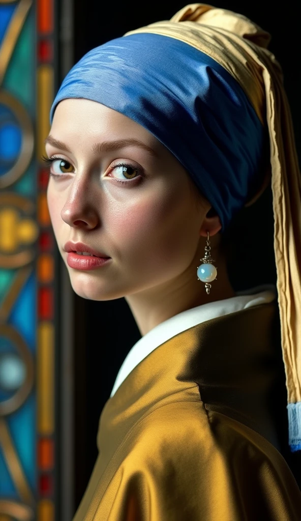 Create a detailed image of a young woman inspired by Johannes Vermeer’s iconic painting "Girl with a Pearl Earring." The scene should feature a close-up portrait of a young girl, shown from the shoulders up, against a dark, against stained glass background. The girl has soft, delicate features with pale skin, moist eyes, and slightly parted lips, giving her a contemplative, almost mysterious expression. Her eyes should appear moist, with a hint of light catching in them, as if she is gazing directly at the viewer.
She wears a golden brown and blue turban, with the fabric draped elegantly, giving it a rich texture and intricate folds. The blue portion of the turban should be prominent, with a deep, almost royal shade of blue. The turban is contrasted by a simple yet striking opal earring that dangles from her left ear, reflecting light to emphasize its smooth, lustrous surface. The girl's clothing should be a simple, muted brown robe, with subtle shadows and highlights to indicate the softness and texture of the fabric.
Lighting is crucial: it should replicate the soft, diffused light typical of Vermeer’s work, creating gentle highlights on the girl’s face and turban while casting soft shadows, enhancing the three-dimensionality of her features. The overall color palette should be warm, with subdued, natural tones, except for the striking blue of the turban and the white of the pearl. The image should capture the essence of Vermeer’s meticulous attention to detail, with a focus on the interplay of light and shadow, and the serene, enigmatic expression of the girl.
