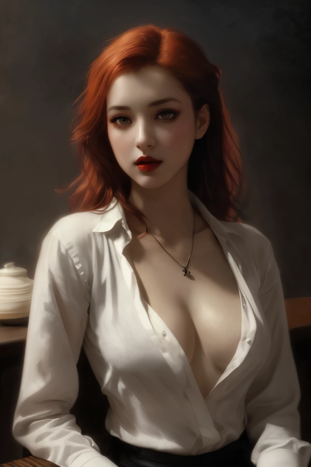 Taki, sitting on a table , (heavy eyeshadow, red lips), slender, White open shirt, no bra, pendant, fantasy art, concept art, delicate features, feminine, auburn hair, seductive, Chiaroscuro lighting, (style of howard chandler christy:1.0), (charcoal sketch by jean-joseph benjamin-constant:1.3)