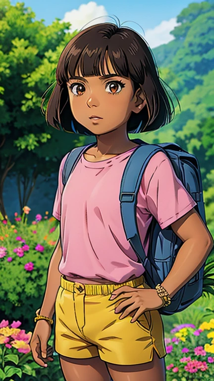 (1girl, dora), (extremely detailed CG unit 8k wallpaper),(master part), (best quality), (ultra detail), (best illustration),(Pluto Anime Style), cowboy shot, (Sharp eyeliner, ombre, detailed eyes:1), garden, outdoors ,GHIBLI_Background, break , upper body,(pink shirt, shorts, bracelet,backpack,brown eyes, flower, dark-skinned female, (tan), bob cut), 