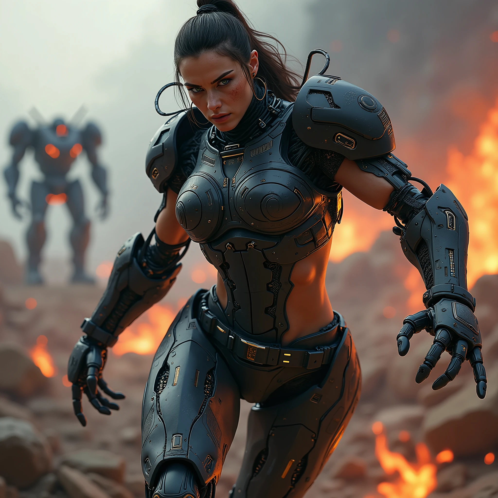 (masterpiece, photorealistic:1.4, extremely intricate:1.3), (photon mapping, radiosity, physically based rendering, ultra resolution, hyper-realistic, photorealistic:1.4, hyper-realistic, 8K), ((((humid age 20year, [bodybuilder:supermodel:0.8], (wide eyes, long lashes, battle-damaged translucent glossblack breastplate armor:0.8, etched, engraving)), [makeup:freckles:0.7])), blue eyes), angry, arrogant, BREAK, ((((background is a futuristic battlefield, she is a juggernaut, muscular), mechanical arms, mechanical hips, wires, wiring, (((glowing cybernetic chrome crystal reflections, lunging, chracking red metal lava whip), chrome cyborg headband), dynamic fighting action pose), faraway battlemech mecha, long straight, ([dark hair:glossblack hair:0.7], volumetric, shadows)))
