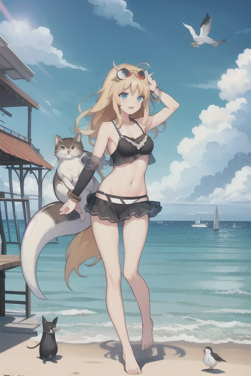 Hood \(warship girls r\),((masterpiece)),(((best quality))),((ultra-detailed)),((illustration)),((disheveled hair)),((frills)),(1 girl),(solo),1girl, animal, animal hug, animal on arm, animal on head, animal on shoulder, anklet, bare legs, barefoot, beach, bikini, bird, bird on hand, bird on head, bird on shoulder, black cat, blonde hair, blue eyes, blue sky, boat, bracelet, breasts, bunny, calico, cat, cat on head, chick, chomusuke, clothed animal, cloud, cloudy sky, creature, crop top, crop top overhang, crow, day, dock, dog, dolphin, dove, eagle, ferret, flock, full body, hair ornament, hamster, holding animal, holding cat, horizon, jewelry, lighthouse, long hair, looking at animal, looking at viewer, mouse, navel, ocean, on head, open mouth, outdoors, owl, parrot, penguin, pet, pier, pigeon, railing, seagull, see-through, shirt, sky, small breasts, smile, solo, squirrel, standing, surfboard, swimsuit, water, watercraft, white cat,
Moderate legs,ahoge,