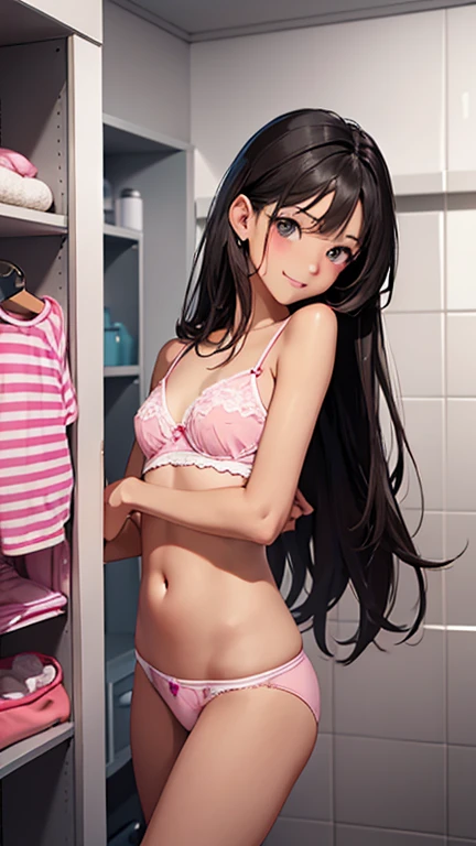 Highest quality、Realistic、、zoom、Girl、cute、Light grey eyes、Black Hair、Long Straight、Tanned brown skin、Dark Skin、Pink panties with small character print、Pink panties with small character print、A seductive smile、Flat Chest、Remove your bra。Bust Shot、low length、thin、、shower room、Low - Angle