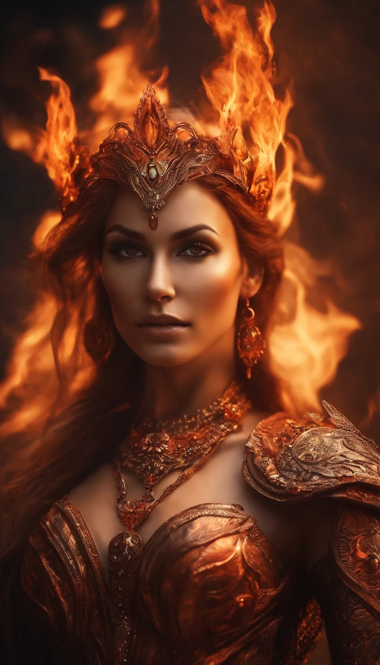 an image of a lady with fire coming out of her body, the butterfly goddess of fire, appears as the fire goddess, fire elemental, lava and fire goddess, evil steampunk pyromancer woman, cybernetic flame armor, goddess of fire, the fire goddess, an concept art of the tau queen, the fire queen, of a beautiful female warframe