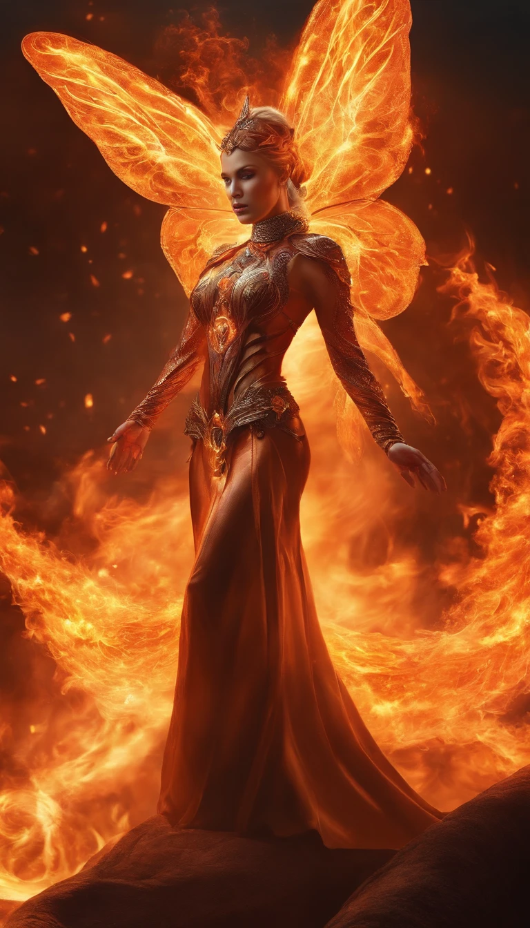 an image of a lady with fire coming out of her body, the butterfly goddess of fire, appears as the fire goddess, fire elemental, lava and fire goddess, evil steampunk pyromancer woman, cybernetic flame armor, goddess of fire, the fire goddess, an concept art of the tau queen, the fire queen, of a beautiful female warframe
