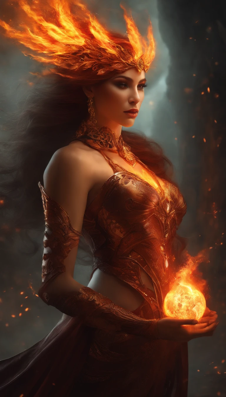 an image of a lady with fire coming out of her body, the butterfly goddess of fire, appears as the fire goddess, fire elemental, lava and fire goddess, evil steampunk pyromancer woman, cybernetic flame armor, goddess of fire, the fire goddess, an concept art of the tau queen, the fire queen, of a beautiful female warframe