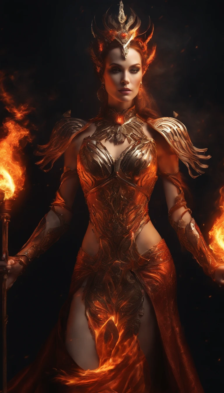 an image of a lady with fire coming out of her body, the butterfly goddess of fire, appears as the fire goddess, fire elemental, lava and fire goddess, evil steampunk pyromancer woman, cybernetic flame armor, goddess of fire, the fire goddess, an concept art of the tau queen, the fire queen, of a beautiful female warframe