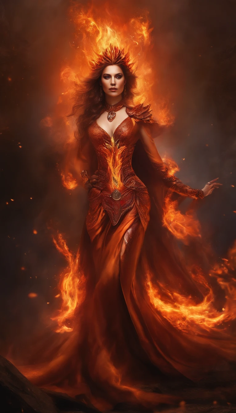 an image of a lady with fire coming out of her body, the erfly goddess of fire, appears as the fire goddess, fire elemental, lava and fire goddess, evil steampunk pyromancer woman, cybernetic flame armor, goddess of fire, the fire goddess, an concept art of the tau queen, the fire queen, of a beautiful female warframe