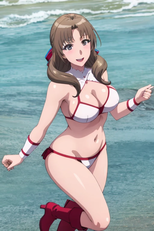 masterpiece, best quality, beautiful art, high resolution, well formed hands, body and fingers, 1 woman, solo, Mamako Oosuki , 31 years old, full body picture, grown up, adult, large and big breasted, cleavage, hair ornament, wearing a Tyris Flare outfit , white_bikini, full body, sexy and skimpy bikini, gorgeous hips, legs and thighs bouncing breasts, red boots, dancing seductively and erotically, twirling around, bikini thong, shaking her body alluringly, smiling joyfully, looking at the viewer, sweating , flirting, beach environment