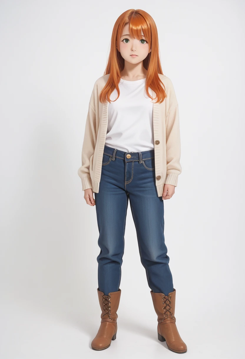 kirino kousaka, 1girl, solo, long hair, orange hair, front bangs, green eyes, japanese female, model, young woman, high-waisted blue denim pants, tucked in white t-shirt, ankle brown leather boots, light open cardigan blouse, fashionable