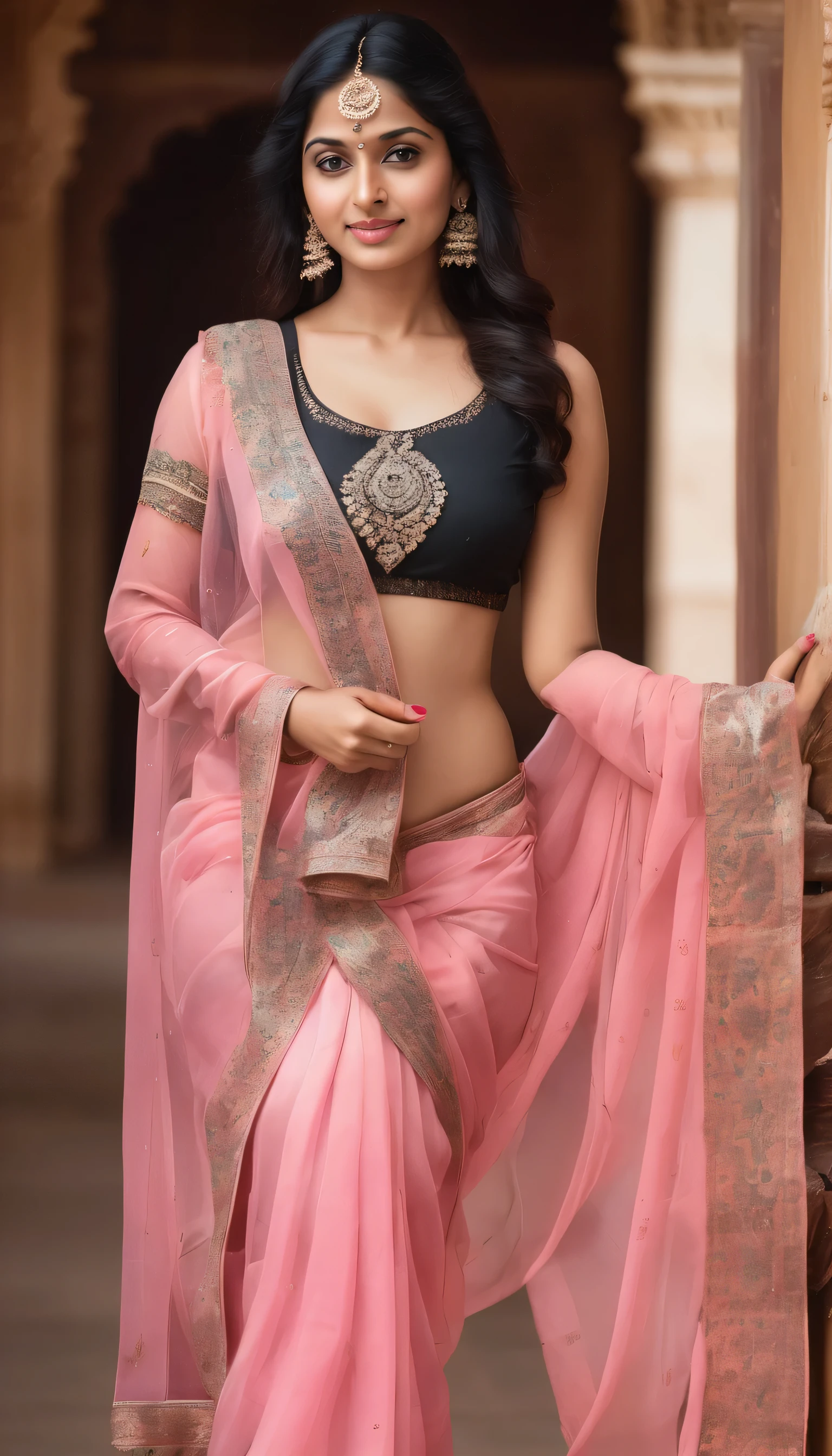 A 25-year-old beautiful Indian woman with an elegant and refined face, expressive eyes, and long, flowing black hair, featuring a gentle smile.A medium build with a slightly curvy figure, a well-defined but soft and feminine silhouette, with noticeable waist and hip curves. The body is not overly muscular, maintaining a natural and balanced shape. She is standing in a simple, relaxed pose with her arms resting naturally at her sides. Wearing transparent strap and dupatta pvc clothes natural glowing pink, rich clothes,he exudes elegance and natural beauty. The background is plain to keep the focus on her.
Same face for previous image