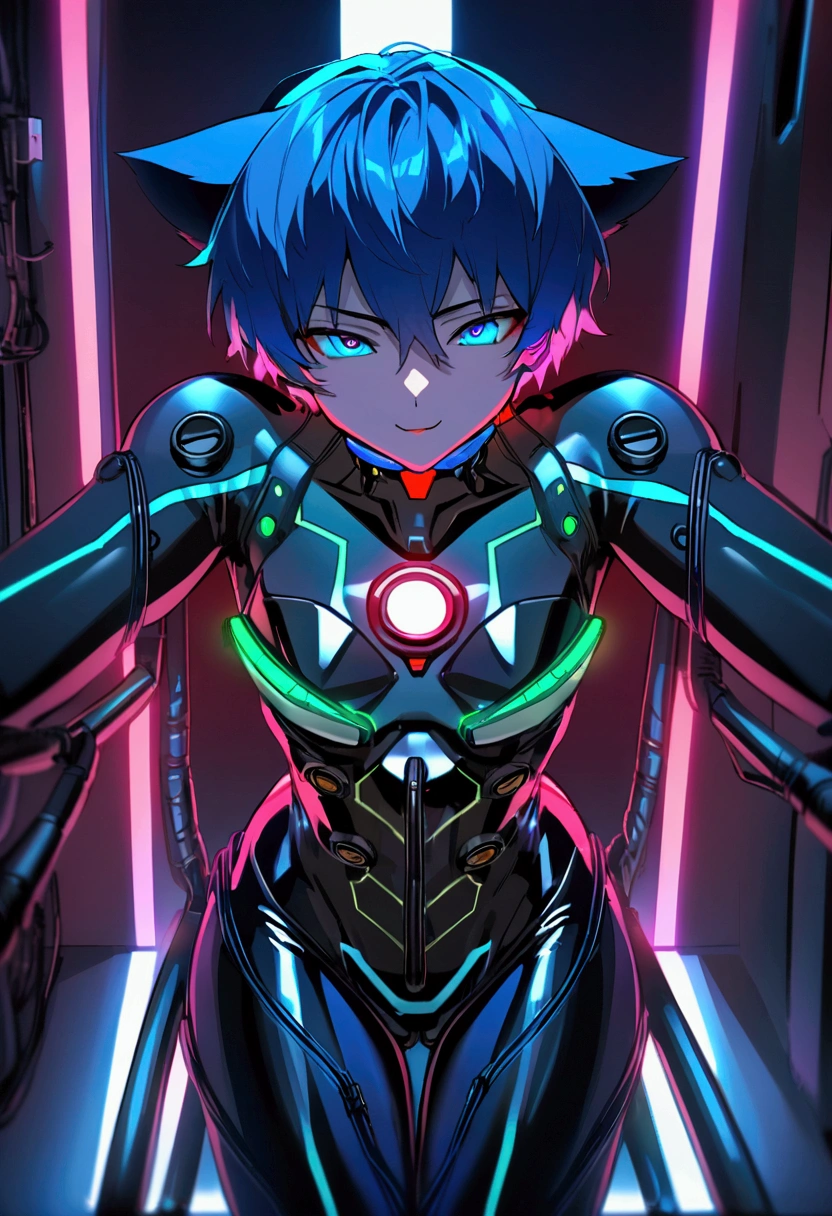 (nsfw5) (((1boy))), (((anime boy))), 20 years old, muscular body, blue hair, black latex plugsuit, black latex, skintight no zipper neck entry black latex plugsuit, fullbody black latex plugsuit , cat ears, cyborg eyes, latex, cyberpunk, round cyberpunk chamber, (thick cables plugged on chest1.5), red lightning, (brainwashing), soft smiling face, flat crotch, restrained, (heads-up display), wearing black lipstick, (((cables plugged into cat ears3))), (((transformation into robot3))), (((assembly line arms5))), charging port on anus, (((charging cable plugged on anus3))), visible charging, charging station, cables plugged into spine, aquamarine plugsuit lightning, face closeup, face portrait, profile picture