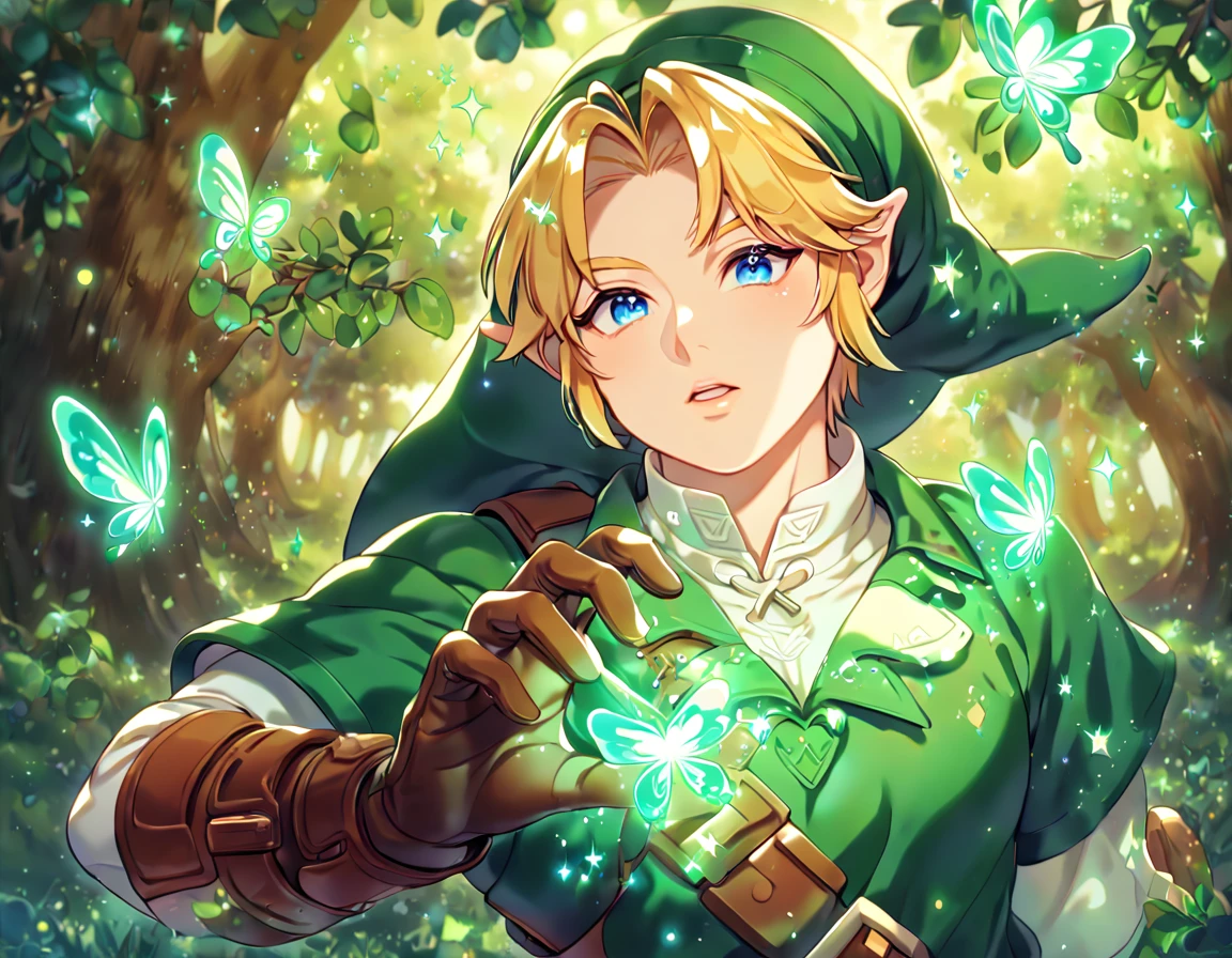 absurdres, highres, ultra detailed, HDR, master piece, best quality, extremely detailed, Link, blonde hair, expressive blue eyes, The Legend Of Zelda Ocarina Of Time, solo, sexy man, sensual, handsome, green tunic, green hat, brown gauntlets, round blue fairy, under a green tree, fantasy, magical, glittering fireflies, green butterflies, green flames, glass magic, green leaves