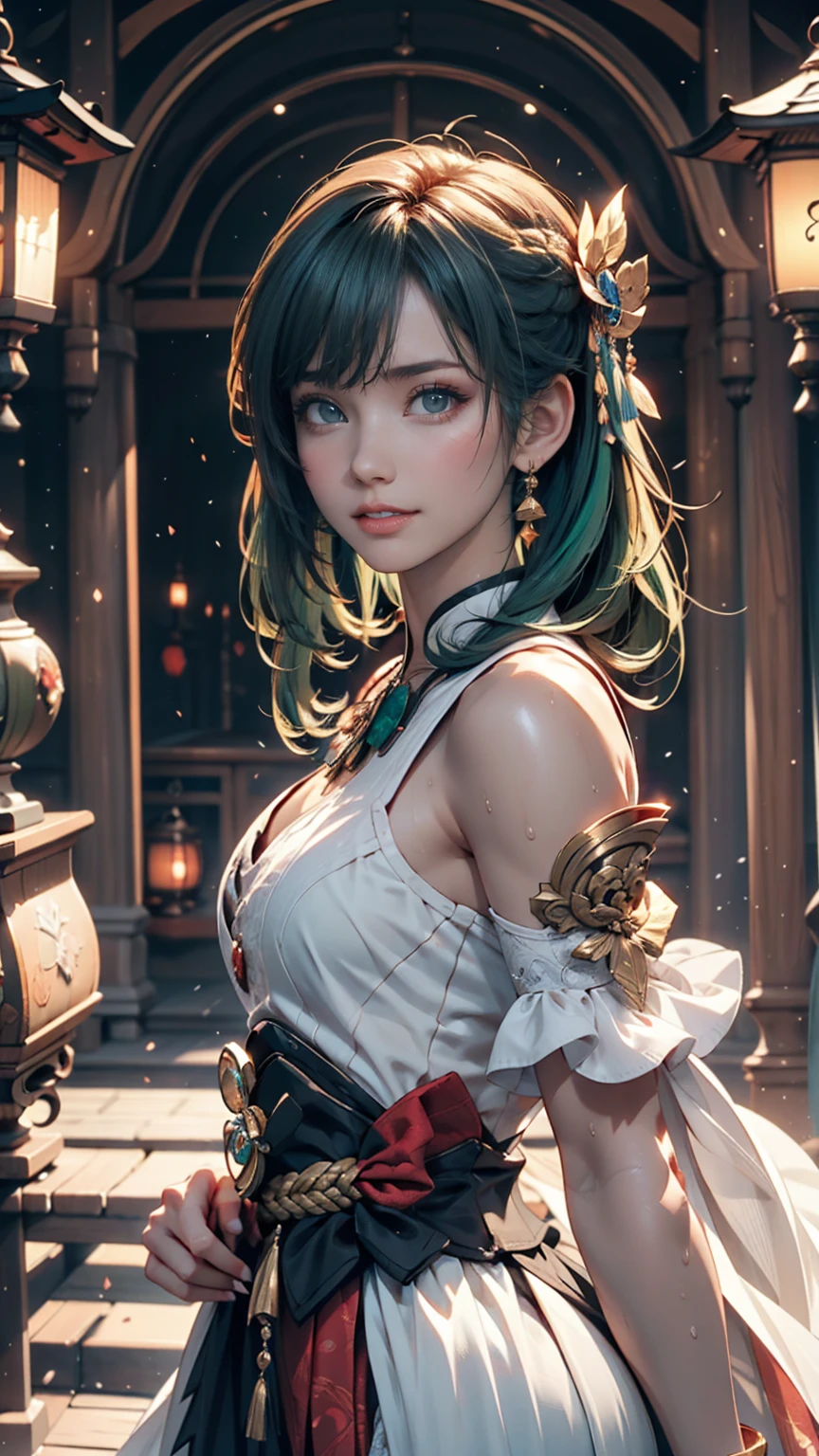 One person, alone, hair ornaments, Green Hair, Twin tails, Long Hair, dress, water,, Mid shot portrait photography (Farzan) From Genshin Impact,, Dark Fantasy Background, Charming grin., By Greg Rutkowski and Walt Disney、Extremely realistic, highly detailed and intricate photorealistic analog style photos。Eyes sharply focused, Cinema Lighting,, , ,超High resolution, High resolution, 8k