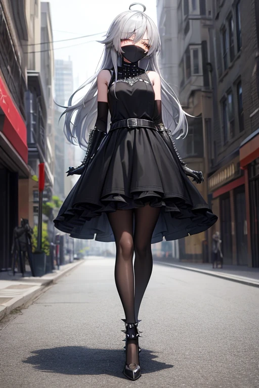 ((best quality)), ((masterpiece)), (detailed), 1 girl, Full body, 18 years old, Depressed face, silver eye, Arms behind waist, Eyes covered, Blushing, Silver hair, long hair, ahoge, Bangs, strand of hair covering her right eye, mask, Full body, very tall, very Small breasts, Slim body, Grey hood, Metal spikes, Grey wristbands, Long black gloves with spikes, Grey goth outfit, Gothic ta, Grey dress with metal spikes, Metal emblem, Tight fitting, Black belt, Metal skin, Black pantyhose, Black shoes, Walking through the city, Metal spikes coming out of the road, City background, Anime, foreground