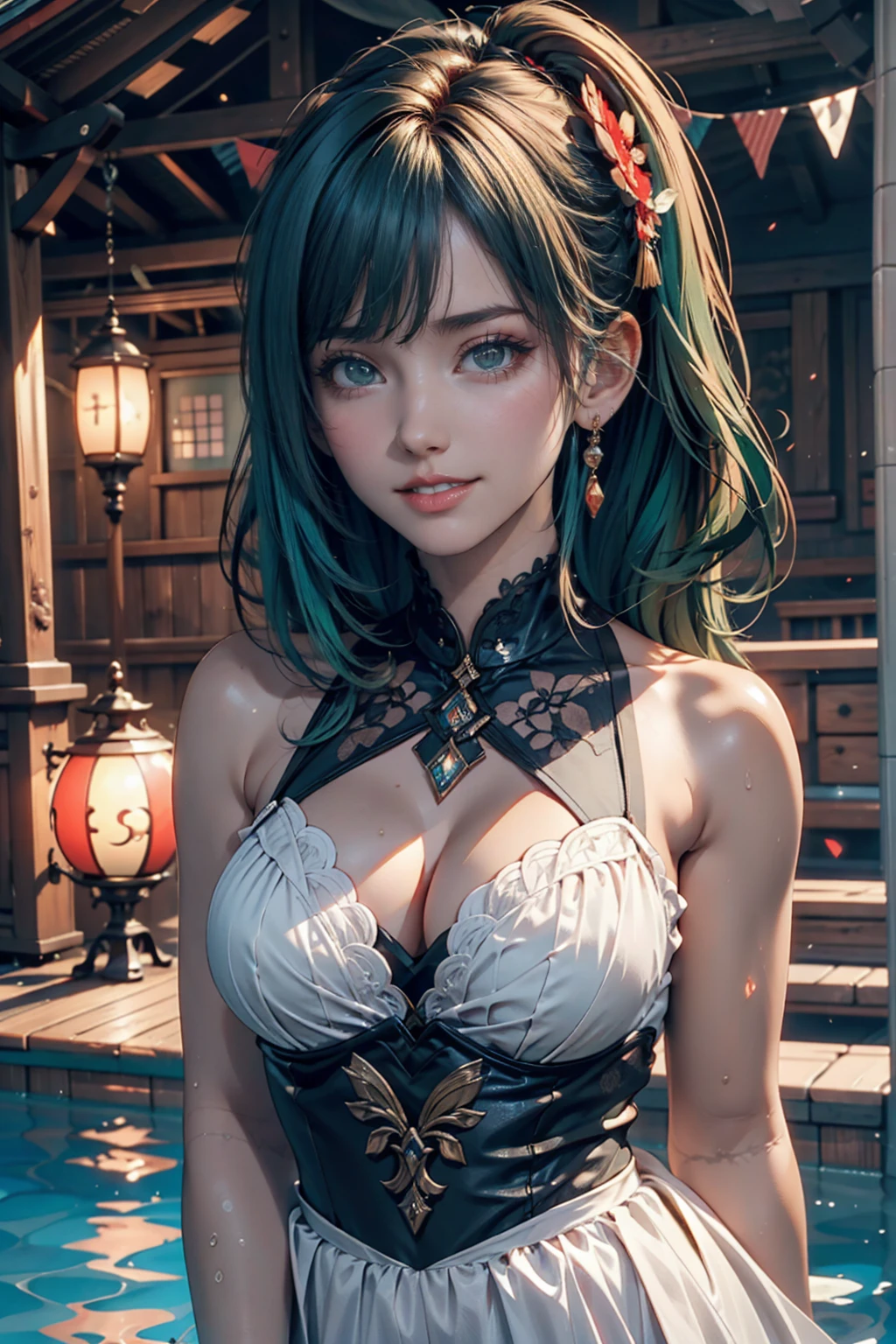 One person, alone, hair ornaments, Green Hair, Twin tails, Long Hair, dress, water,, Mid shot portrait photography (Farzan) From Genshin Impact,, Dark Fantasy Background, Charming grin., By Greg Rutkowski and Walt Disney、Extremely realistic, highly detailed and intricate photorealistic analog style photos。Eyes sharply focused, Cinema Lighting,, , ,超High resolution, High resolution, 8k