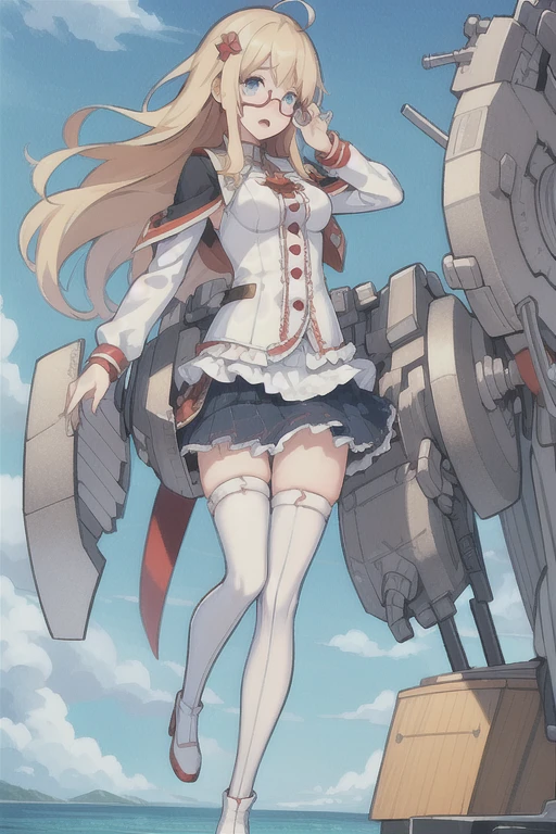 Hood \(warship girls r\),((masterpiece)),(((best quality))),((ultra-detailed)),((illustration)),((disheveled hair)),((frills)),(1 girl),(solo),1girl,adjusting eyewear,blonde hair,blue eyes,blush,boots,bow,breasts,broken,cannon,convenient censoring,damaged,fire,glasses,hair ornament,jacket,long hair,long sleeves,looking at viewer,machinery,open mouth,panties,red-framed eyewear,rigging,semi-rimless eyewear,skirt,smoke,solo,tears,thighhighs,torn clothes,torn legwear,turret,under-rim eyewear,underwear,white footwear,white jacket,white legwear,After the transformation,
Moderate legs,ahoge,