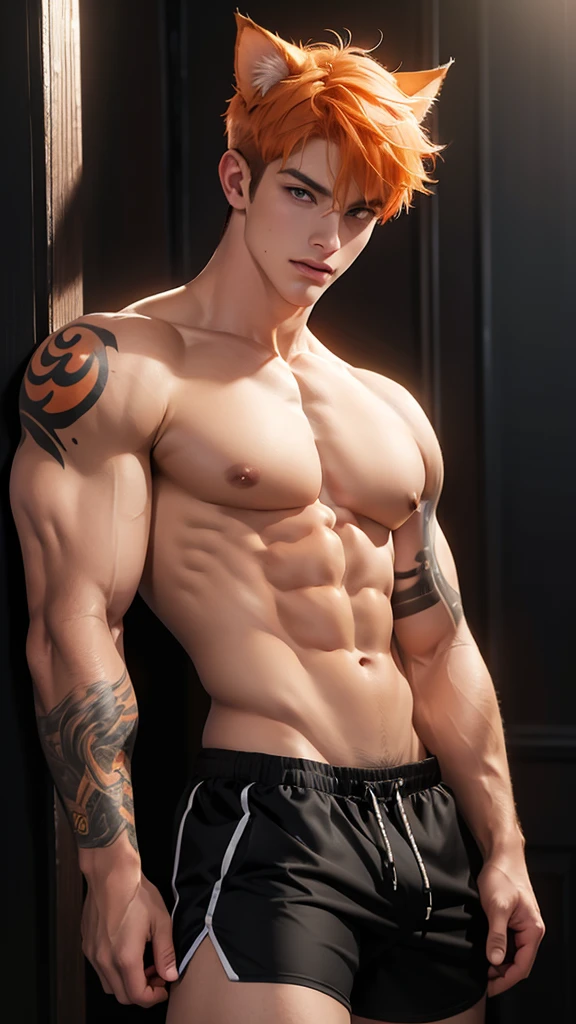 a muscular man, humanoid cat costume with ears, orange and white colour hair, short hairstyle, handsome detailed face, large breasts, sexy look, looking directly at viewer, tattooed body, wearing black shorts, shirtless,