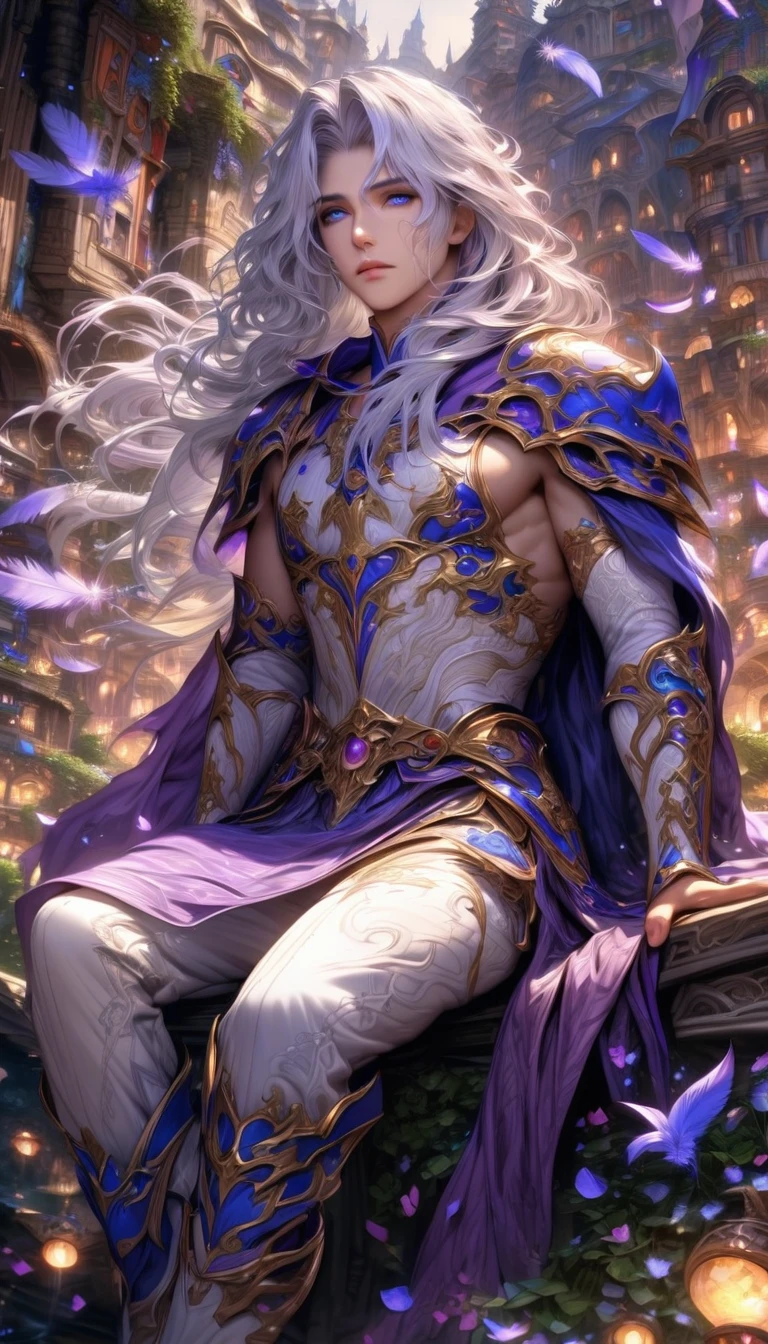 Ultra detailed, highres, absurdres, HDR, master piece, Cecil Harvey, white hair, long hair, expressive blue eyes, white armor with purple patterns, purple cape, Final Fantasy IV, petals, fireflies, sexy man sitting, solo, handsome, very detailed face and eyes, best quality, fantasy, magical, realistic face, fantasy city, feathers, white pants, white boots