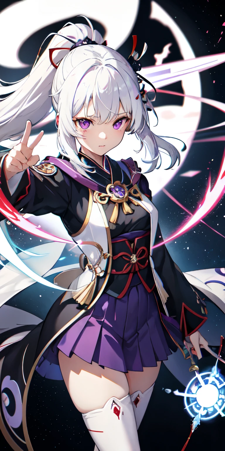 1girl, japanese clothes, ponytail ,white hair, purple eyes, magic circle, blue fire, blue flames, wallpaper, landscape, blood, blood splatter, depth of field, night, light particles, light rays, sidelighting, thighs, fate \(series\), genshin impact, ****, open jacket, skirt, thighhighs, cloud