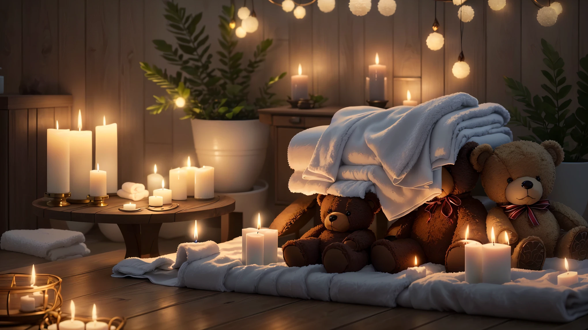 towel and candles are on a table with a teddy bear, Holiday season, towel, relax mood, Peaceful atmosphere, Cozy and serene atmosphere, Morning Glow, relax atmosphere, Pleasant atmosphere, relax, Soft glow, spa, Luxurious surroundings, Soft and warm light, Photorealistic cinematic rendering, relax environment, Beautiful atmosphere, Sublime and cozy atmosphere, Beautiful atmosphere、８K