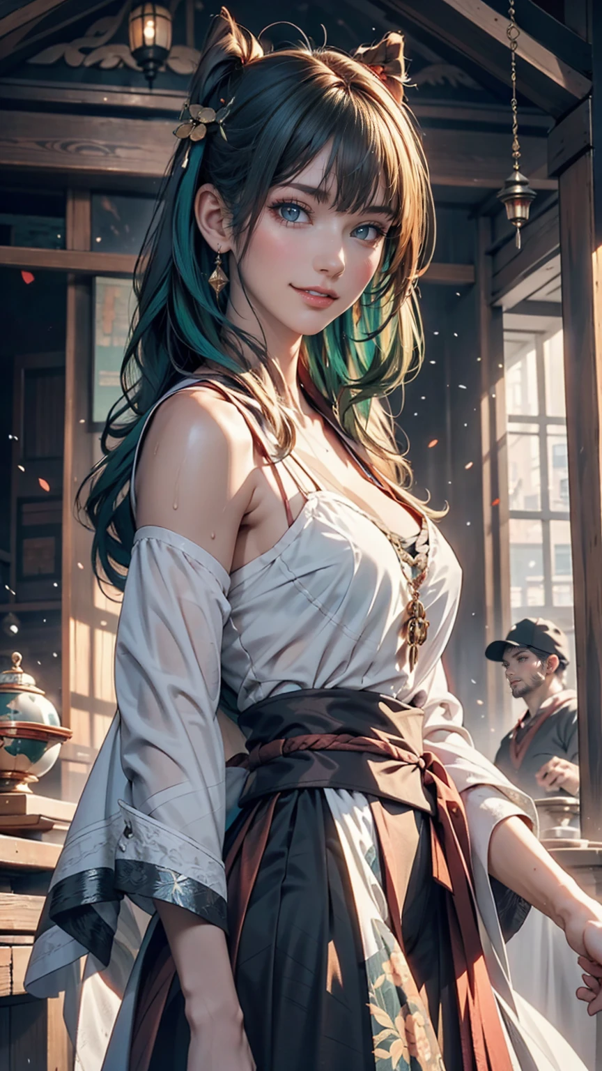 One person, alone, hair ornaments, Green Hair, Twin tails, Long Hair, dress, water,, Mid shot portrait photography (Farzan) From Genshin Impact,, Dark Fantasy Background, Charming grin., By Greg Rutkowski and Walt Disney、Extremely realistic, highly detailed and intricate photorealistic analog style photos。Eyes sharply focused, Cinema Lighting,, , ,超High resolution, High resolution, 8k 